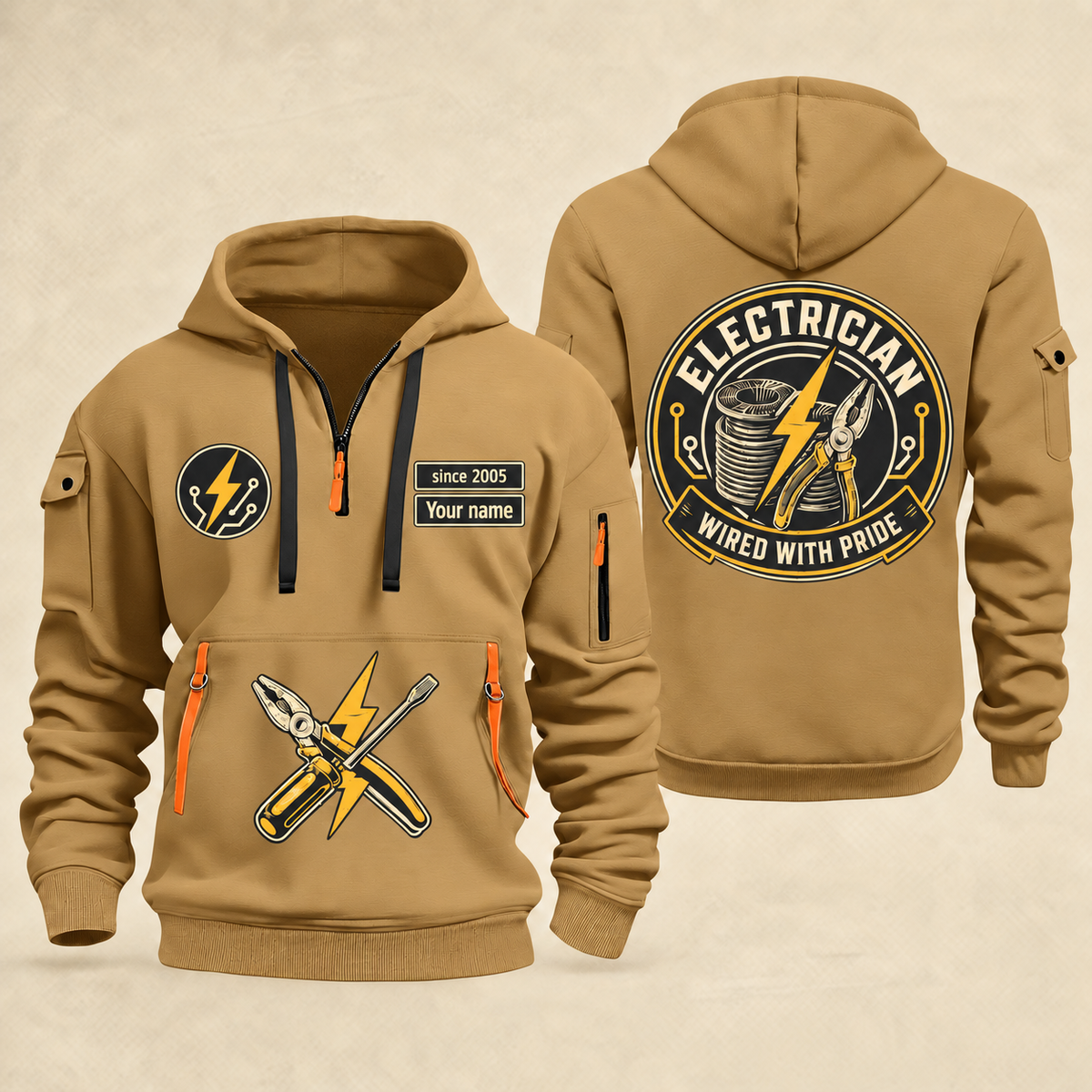 Electrician Wired With Pride quarter-zip hoodie in Khaki, front and back, Your name and since 2005 artwork