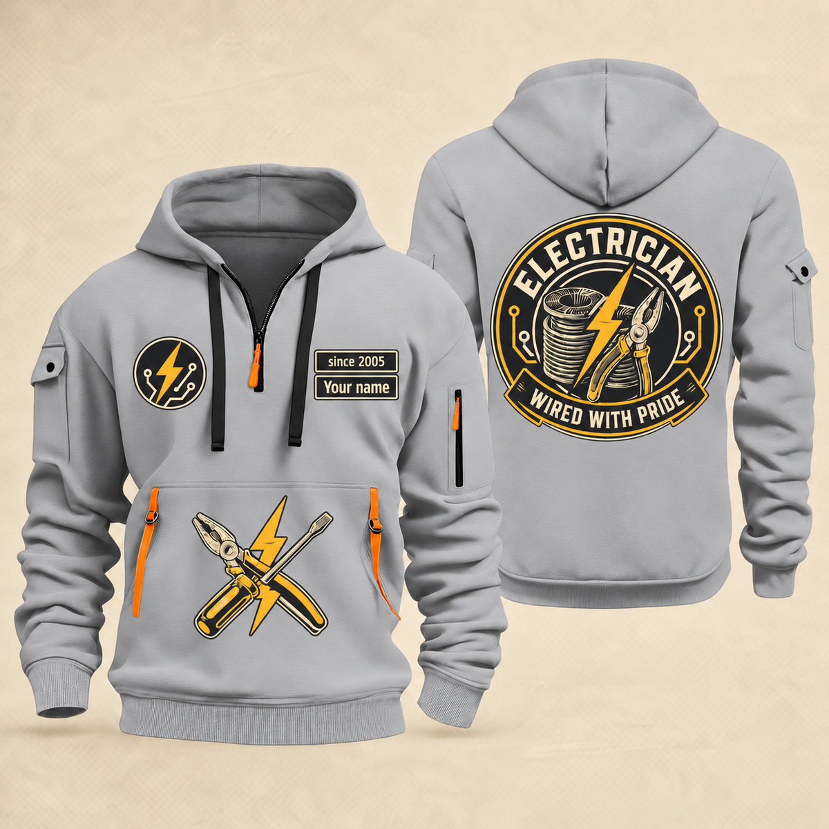 Electrician Wired With Pride quarter-zip hoodie in Light Grey, front and back, Your name and since 2005 artwork