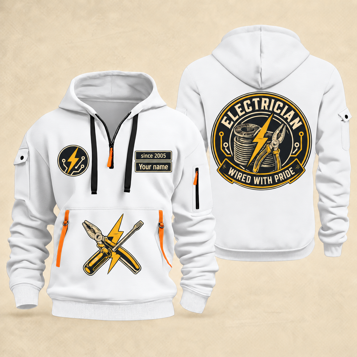 Electrician Wired With Pride quarter-zip hoodie in White, front and back, Your name and since 2005 artwork