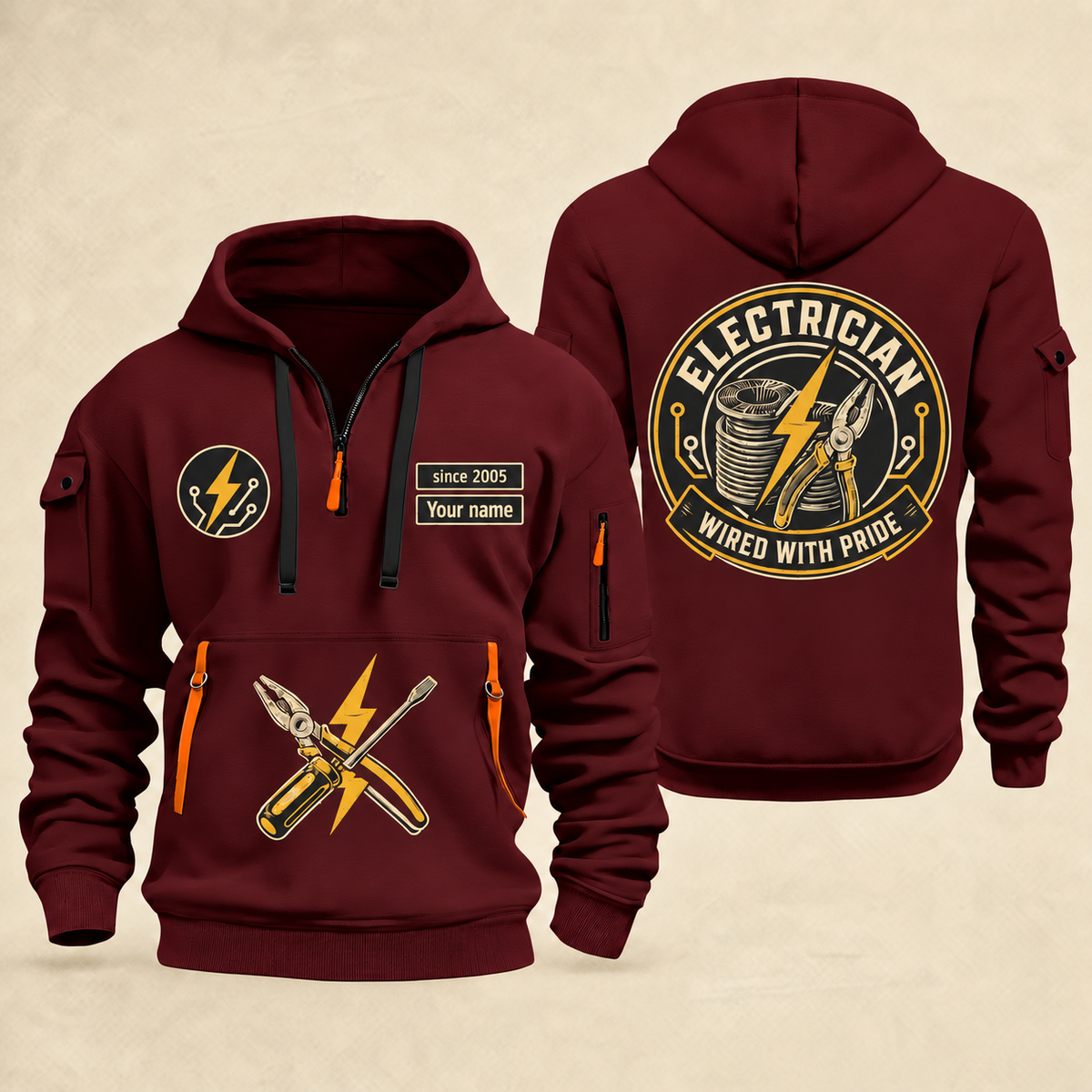 Electrician Wired With Pride quarter-zip hoodie in Wine Red, front and back, Your name and since 2005 artwork