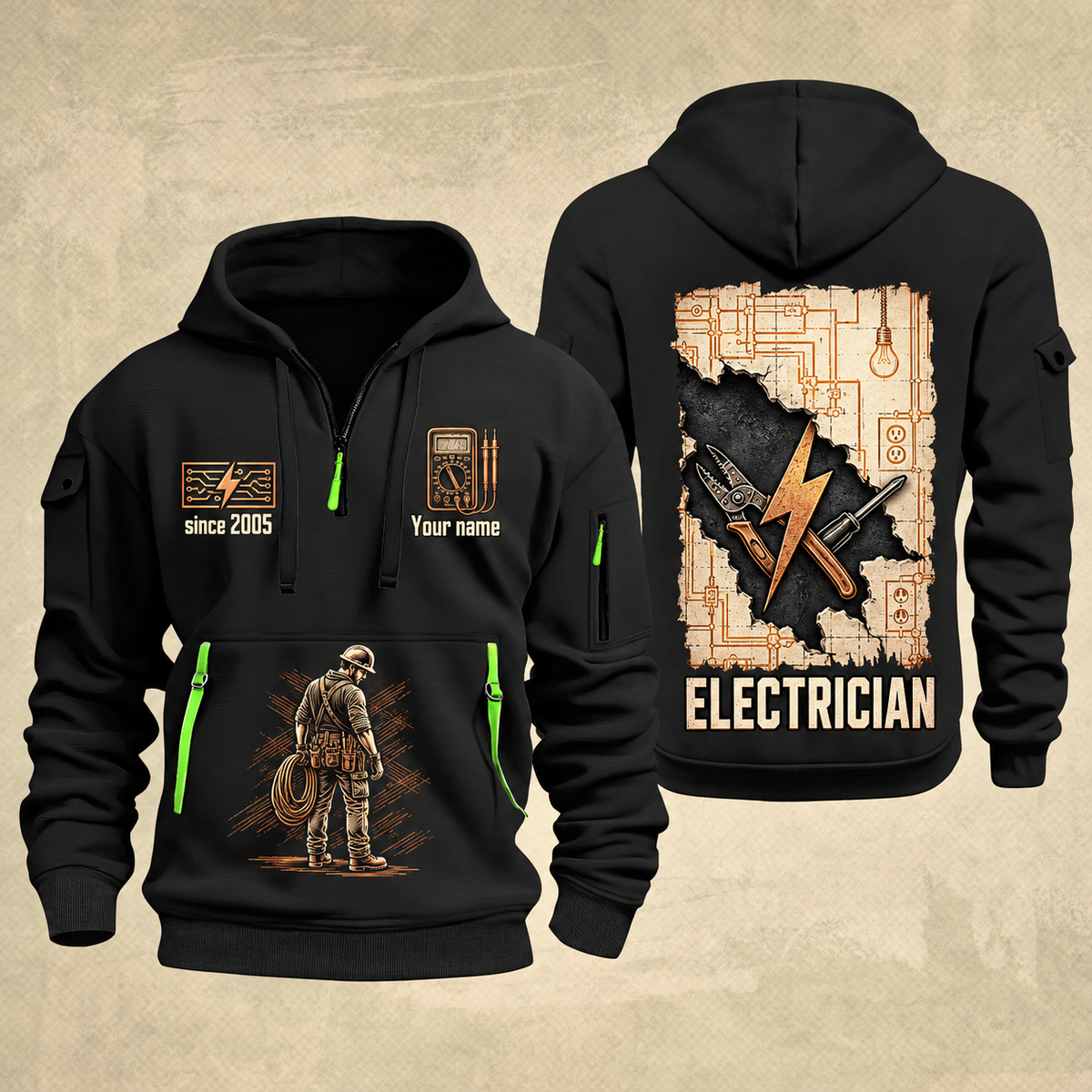 Electrician Circuit Blueprint quarter-zip hoodie in Black, front and back, Your name and since 2005 artwork