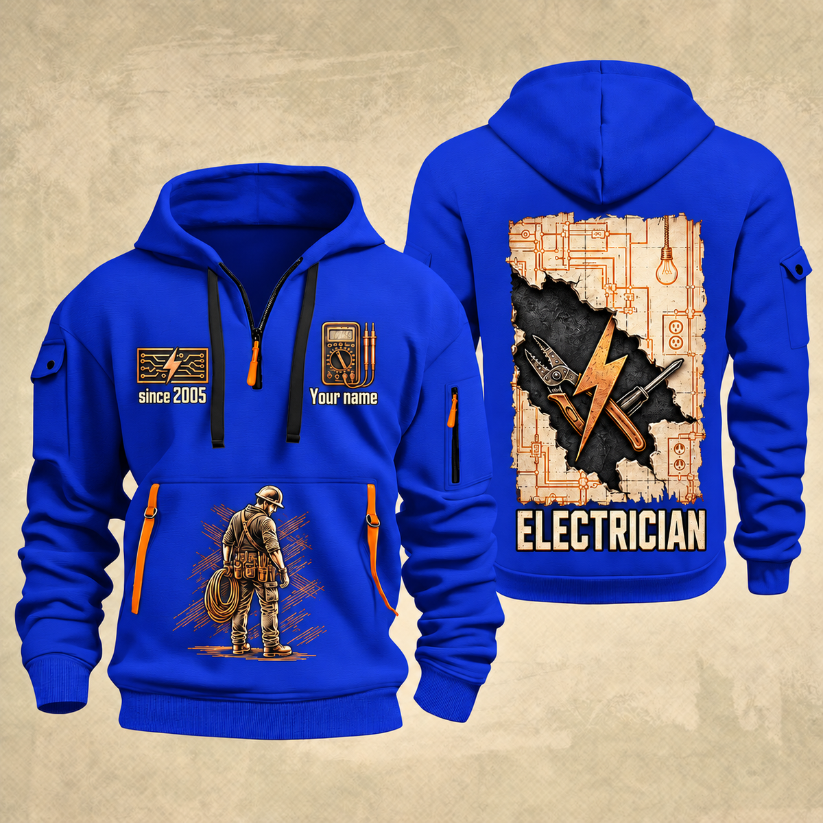 Electrician Circuit Blueprint quarter-zip hoodie in Blue, front and back, Your name and since 2005 artwork