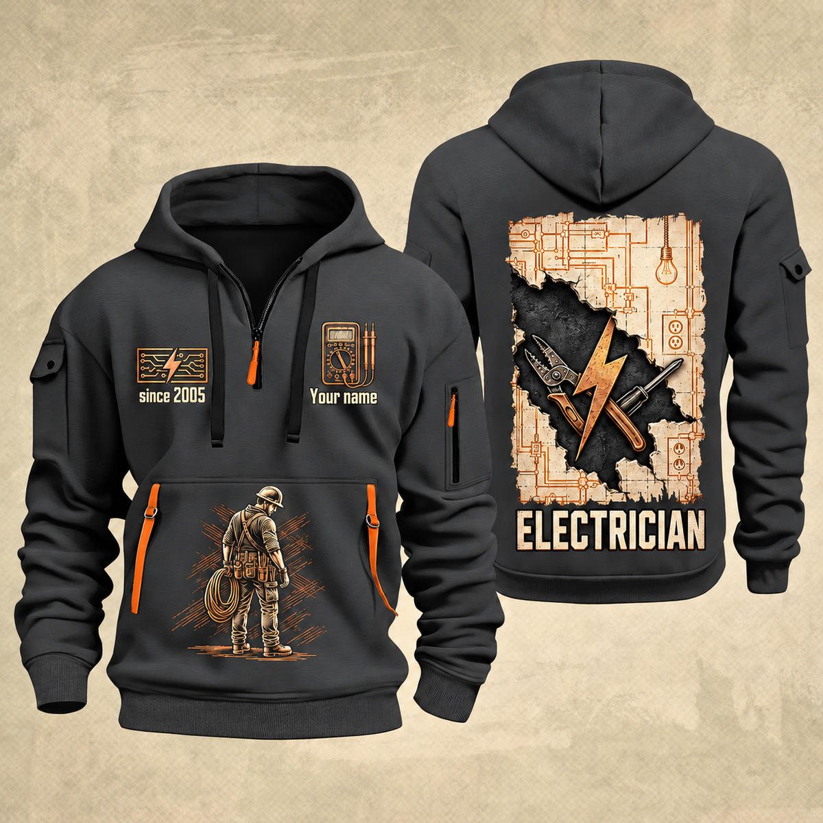 Electrician Circuit Blueprint quarter-zip hoodie in Gray, front and back, Your name and since 2005 artwork