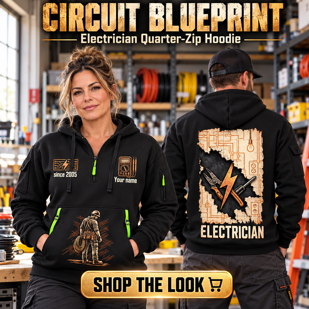 Electrician wearing Circuit Blueprint quarter-zip hoodie in their workplace; product introduction and shopping call to action