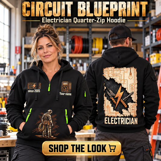 Electrician wearing Circuit Blueprint quarter-zip hoodie in their workplace; product introduction and shopping call to action