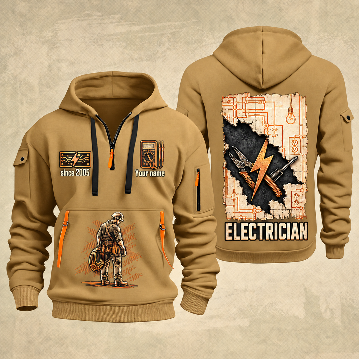 Electrician Circuit Blueprint quarter-zip hoodie in Khaki, front and back, Your name and since 2005 artwork