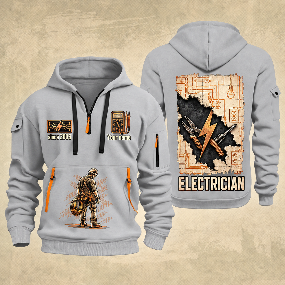 Electrician Circuit Blueprint quarter-zip hoodie in Light Grey, front and back, Your name and since 2005 artwork