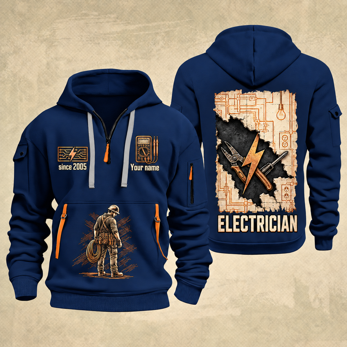 Electrician Circuit Blueprint quarter-zip hoodie in Navy, front and back, Your name and since 2005 artwork