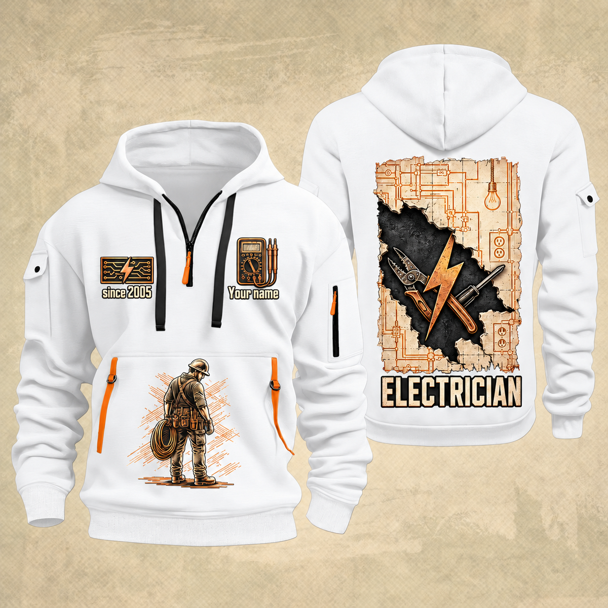 Electrician Circuit Blueprint quarter-zip hoodie in White, front and back, Your name and since 2005 artwork