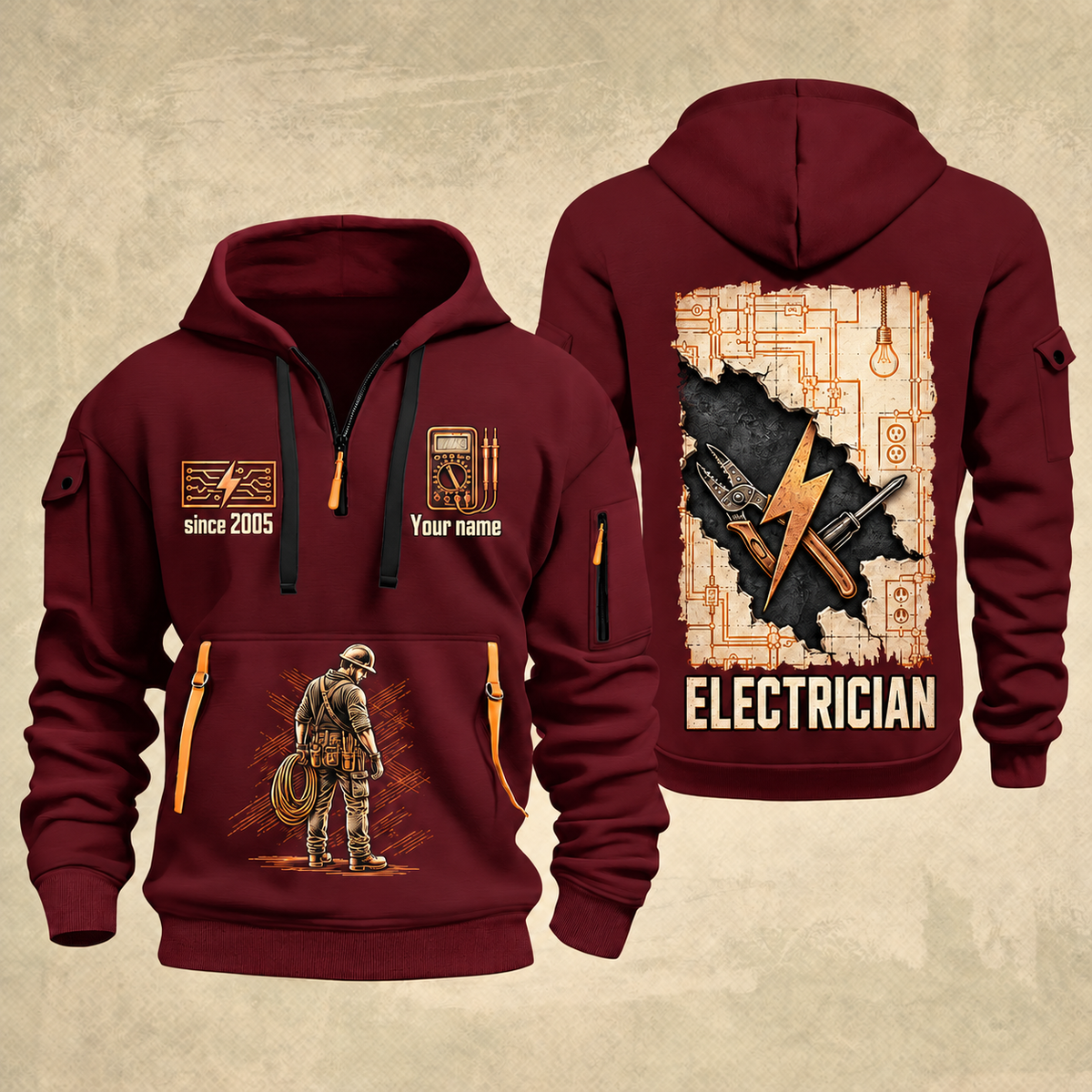 Electrician Circuit Blueprint quarter-zip hoodie in Wine Red, front and back, Your name and since 2005 artwork
