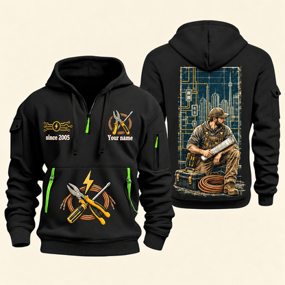 Electrician Powering Everyday Life quarter-zip hoodie in Black, front and back, Your name and since 2005 artwork
