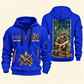Electrician Powering Everyday Life quarter-zip hoodie in Blue, front and back, Your name and since 2005 artwork