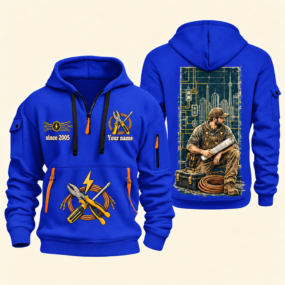 Electrician Powering Everyday Life quarter-zip hoodie in Blue, front and back, Your name and since 2005 artwork