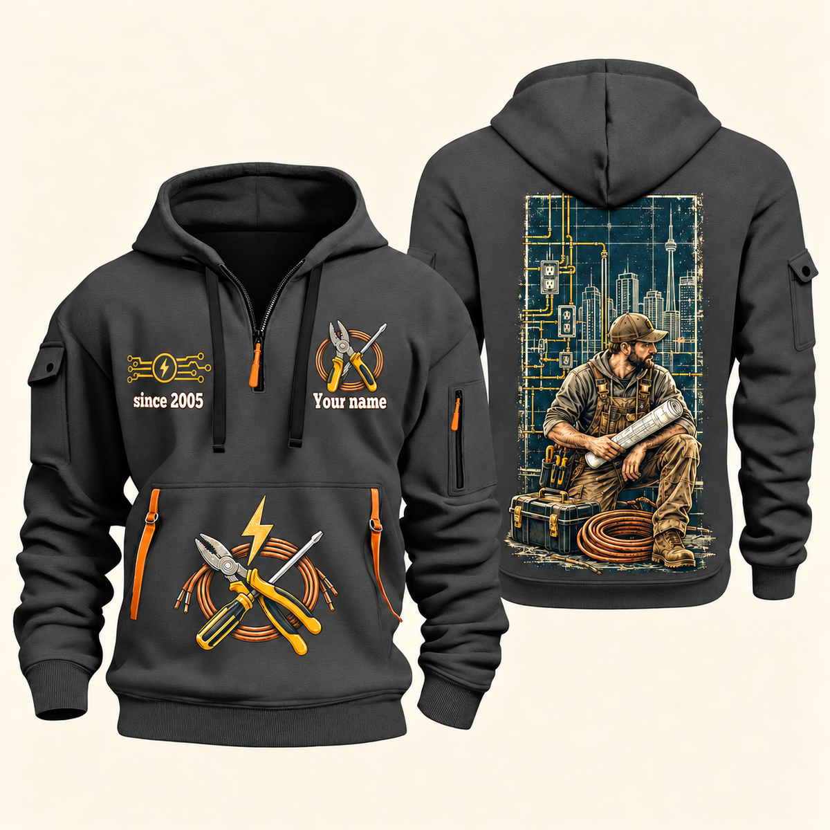 Electrician Powering Everyday Life quarter-zip hoodie in Gray, front and back, Your name and since 2005 artwork