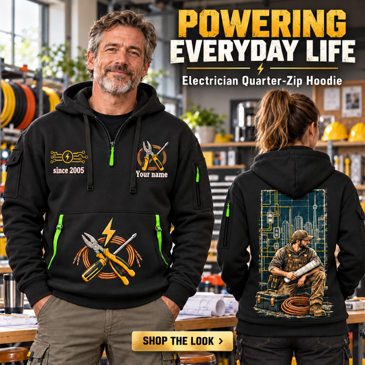 Electrician wearing Powering Everyday Life quarter-zip hoodie in their workplace; product introduction and shopping call to action
