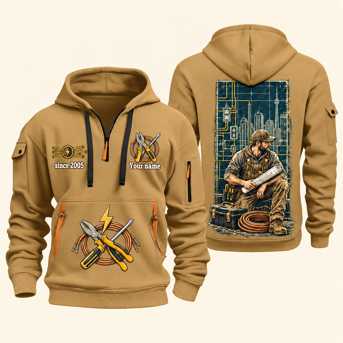 Electrician Powering Everyday Life quarter-zip hoodie in Khaki, front and back, Your name and since 2005 artwork