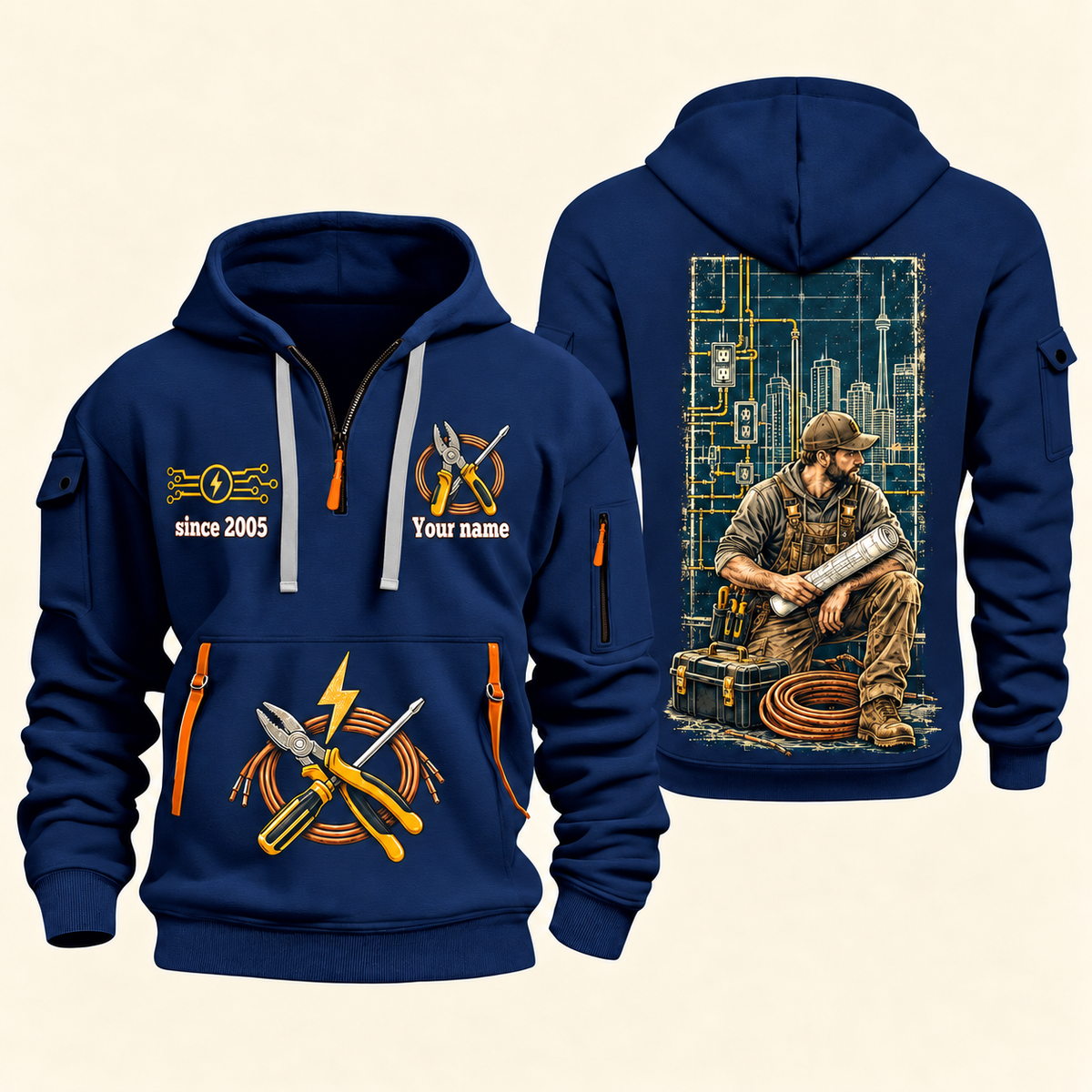 Electrician Powering Everyday Life quarter-zip hoodie in Navy, front and back, Your name and since 2005 artwork