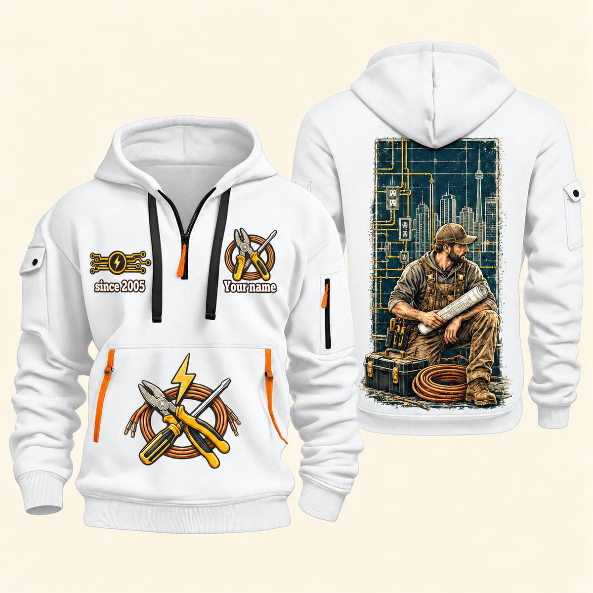 Electrician Powering Everyday Life quarter-zip hoodie in White, front and back, Your name and since 2005 artwork