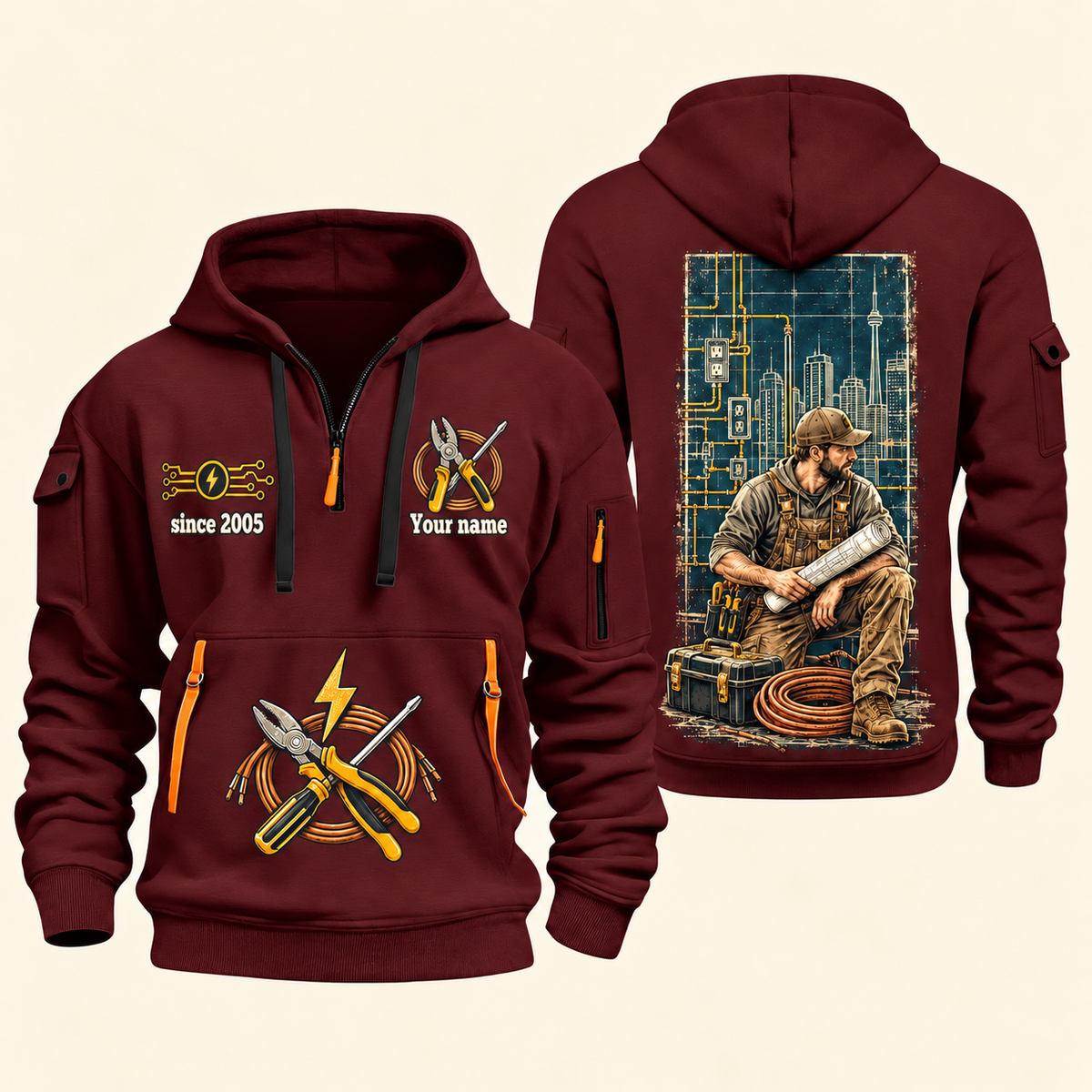 Electrician Powering Everyday Life quarter-zip hoodie in Wine Red, front and back, Your name and since 2005 artwork