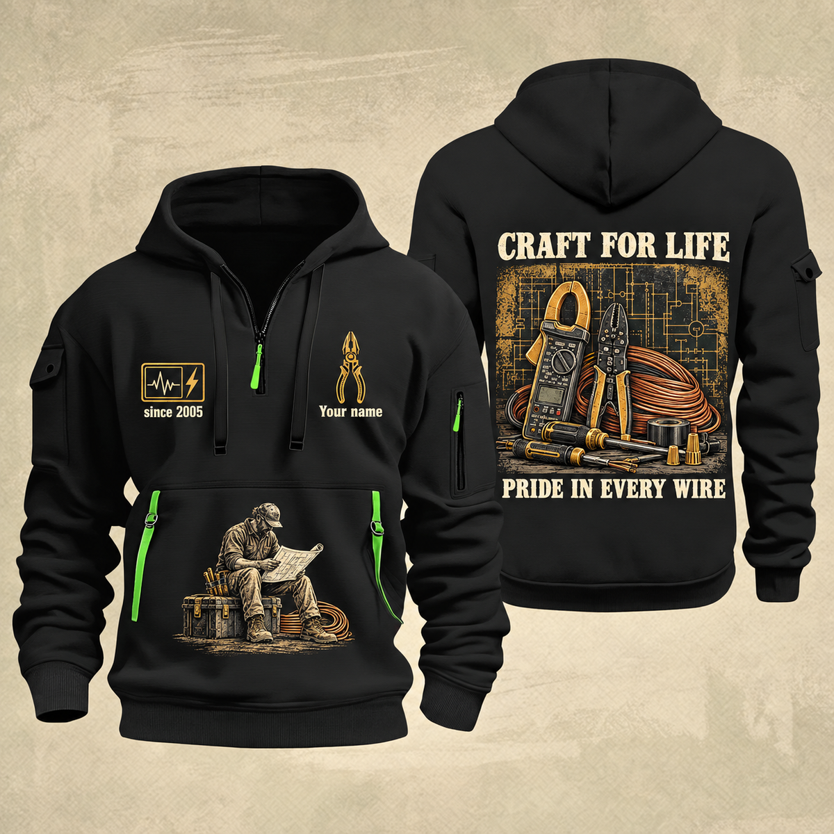 Electrician Craft For Life quarter-zip hoodie in Black, front and back, Your name and since 2005 artwork