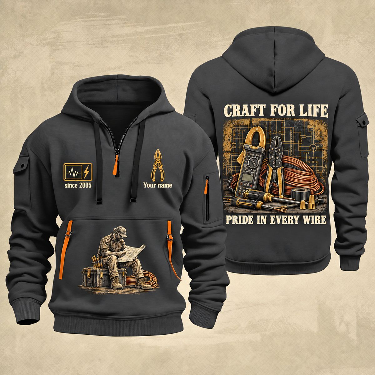 Electrician Craft For Life quarter-zip hoodie in Gray, front and back, Your name and since 2005 artwork