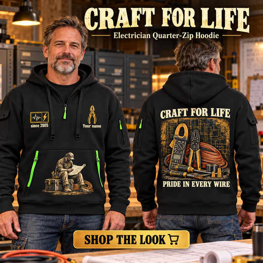 Electrician wearing Craft For Life quarter-zip hoodie in their workplace; product introduction and shopping call to action