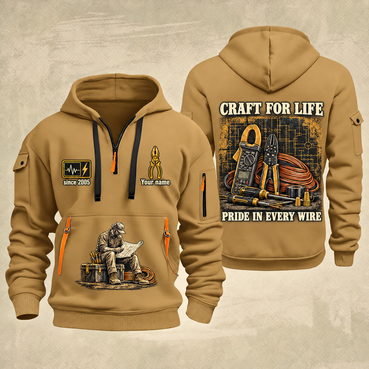 Electrician Craft For Life quarter-zip hoodie in Khaki, front and back, Your name and since 2005 artwork