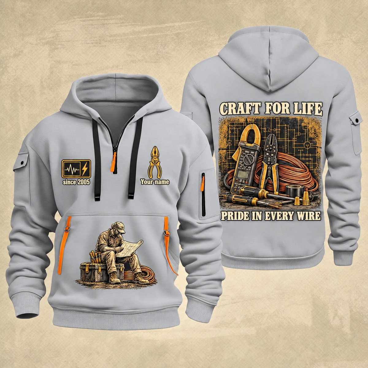 Electrician Craft For Life quarter-zip hoodie in Light Grey, front and back, Your name and since 2005 artwork