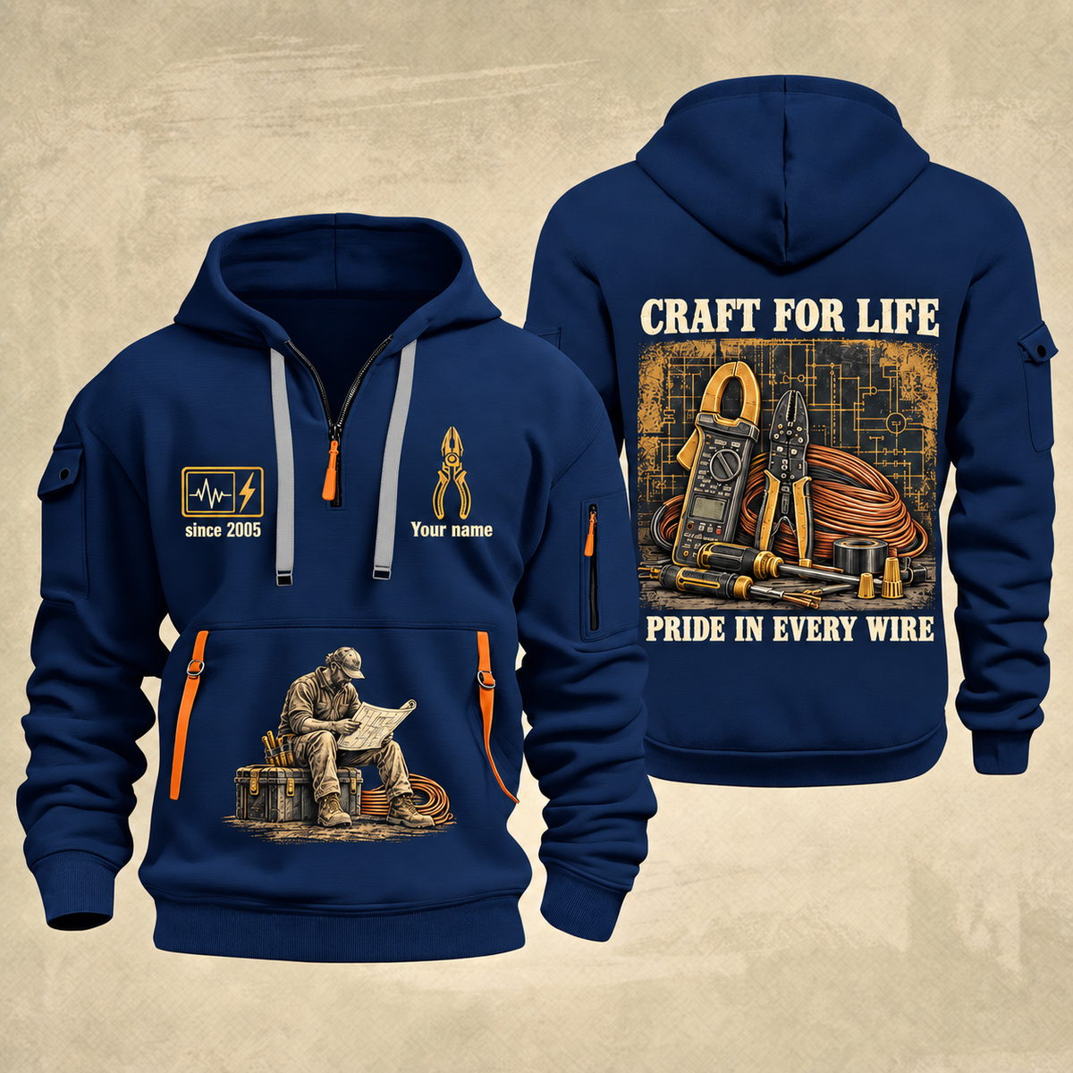 Electrician Craft For Life quarter-zip hoodie in Navy, front and back, Your name and since 2005 artwork