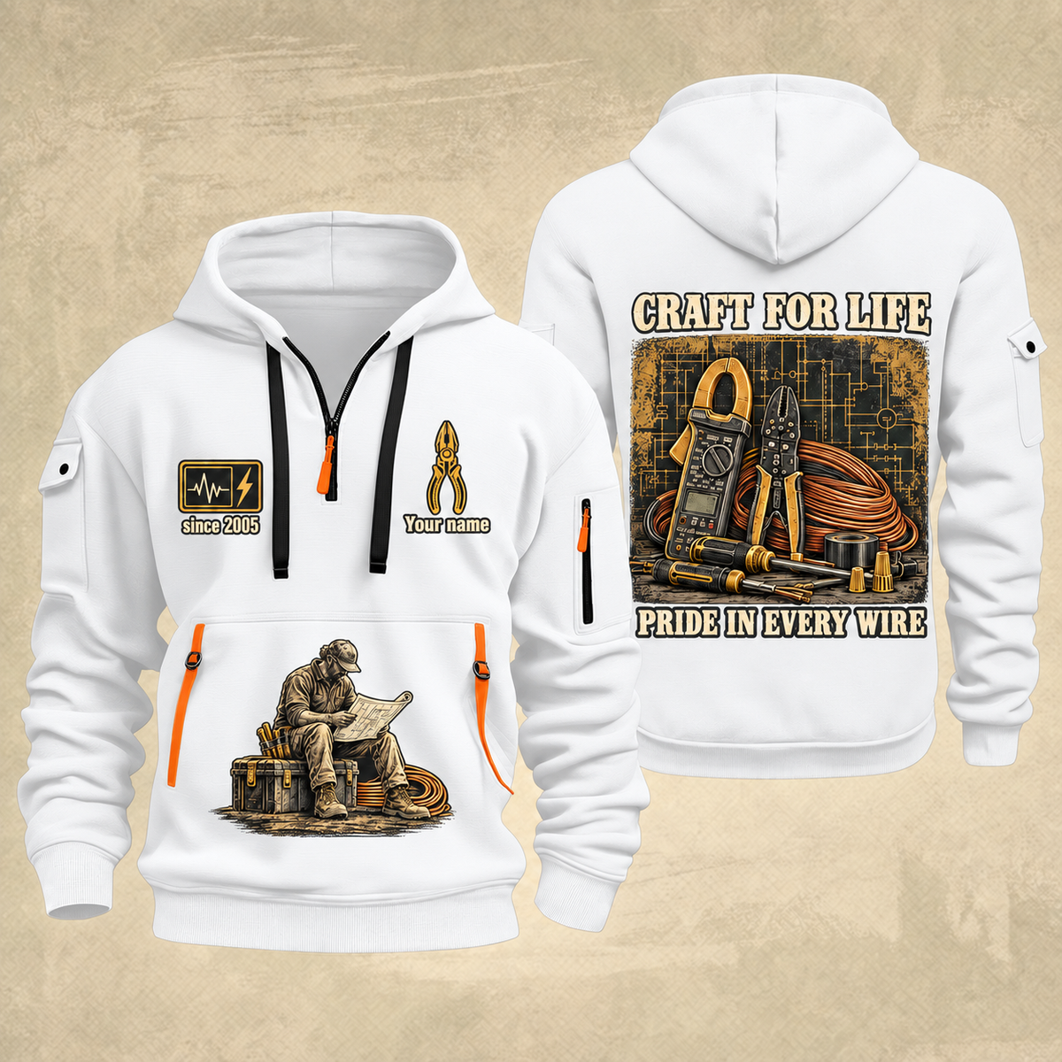 Electrician Craft For Life quarter-zip hoodie in White, front and back, Your name and since 2005 artwork