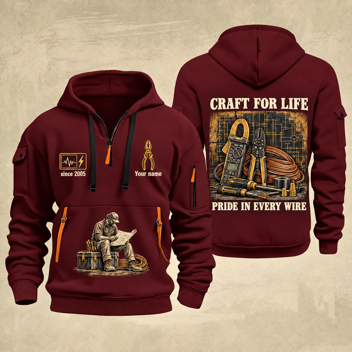 Electrician Craft For Life quarter-zip hoodie in Wine Red, front and back, Your name and since 2005 artwork