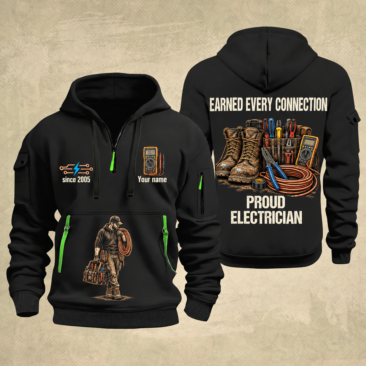 Electrician Earned Every Connection quarter-zip hoodie in Black, front and back, Your name and since 2005 artwork