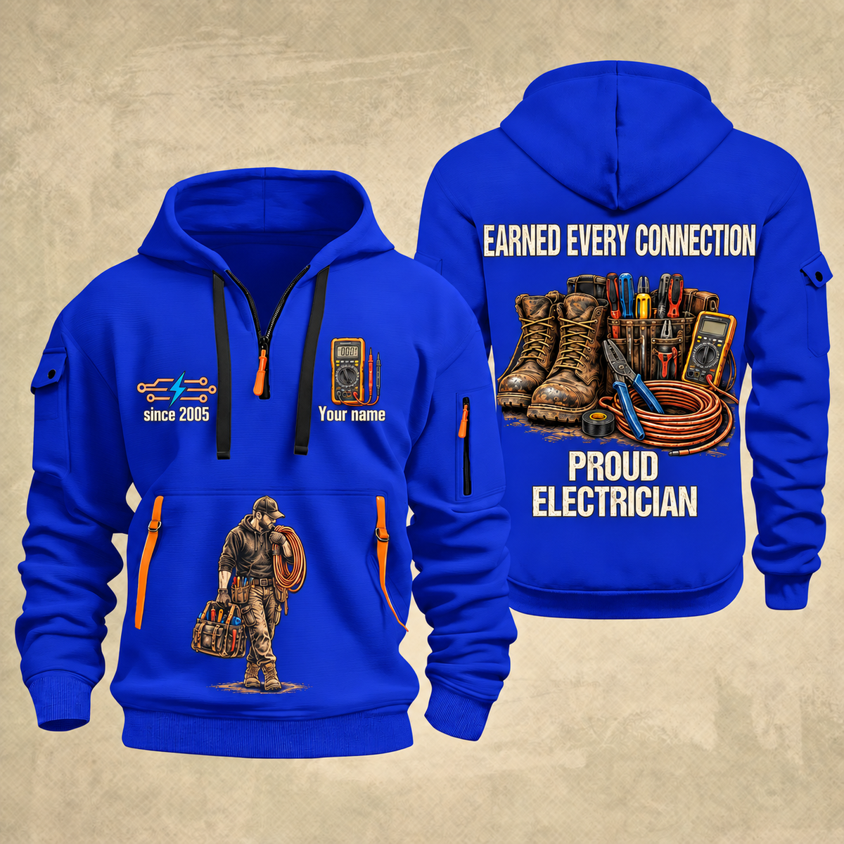 Electrician Earned Every Connection quarter-zip hoodie in Blue, front and back, Your name and since 2005 artwork
