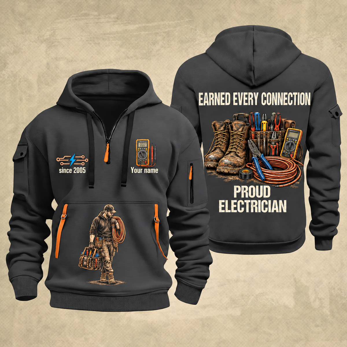 Electrician Earned Every Connection quarter-zip hoodie in Gray, front and back, Your name and since 2005 artwork