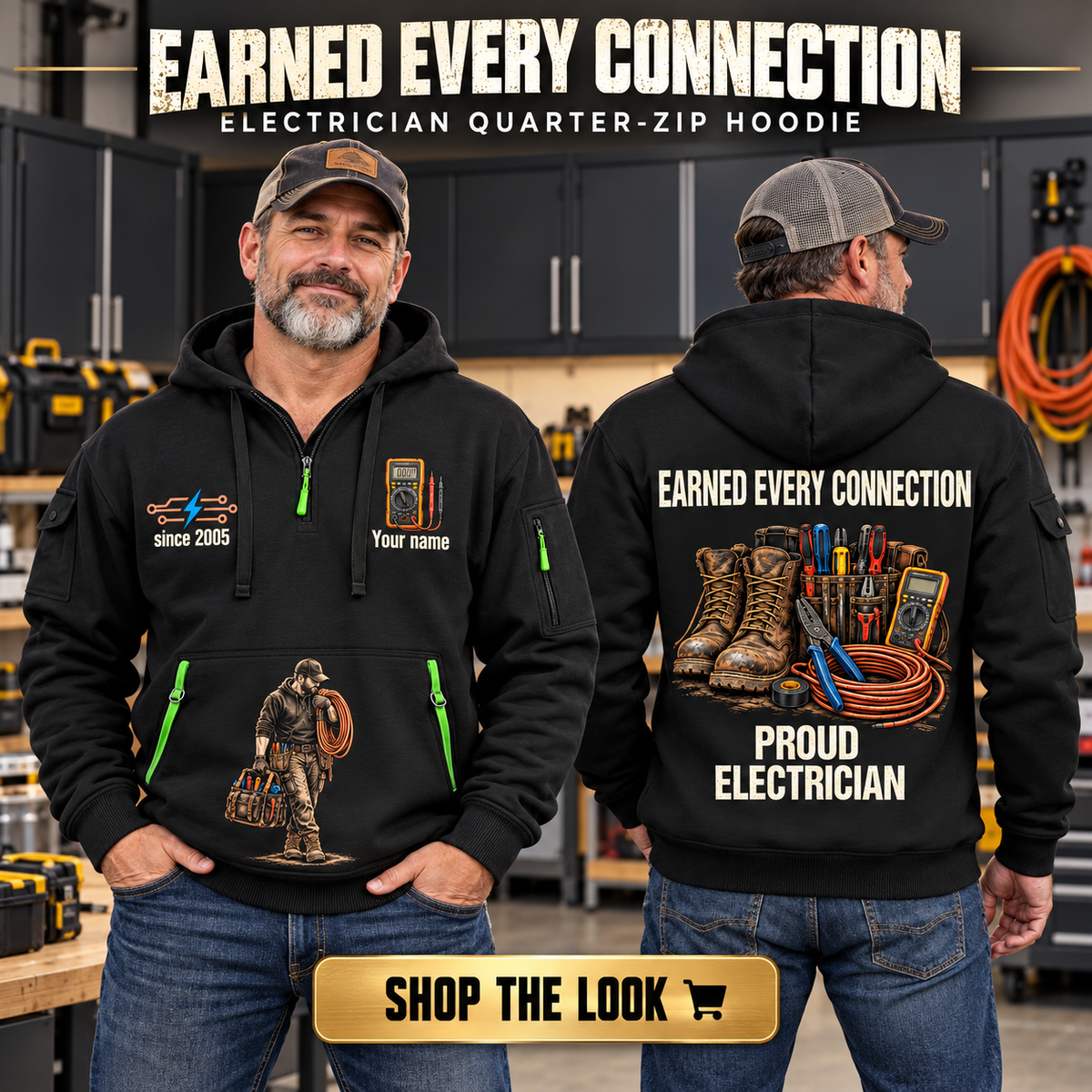 Electrician wearing Earned Every Connection quarter-zip hoodie in their workplace; product introduction and shopping call to action
