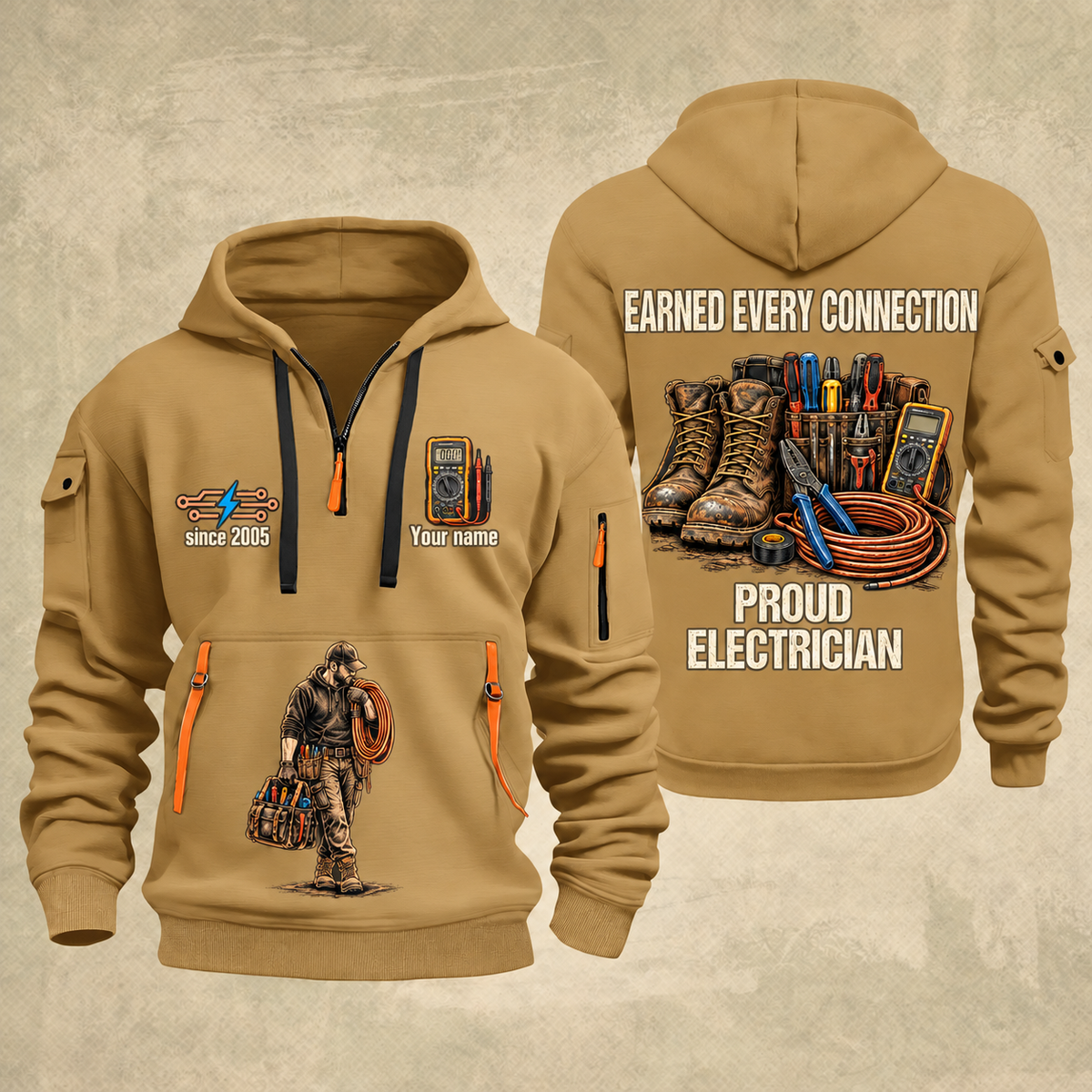 Electrician Earned Every Connection quarter-zip hoodie in Khaki, front and back, Your name and since 2005 artwork