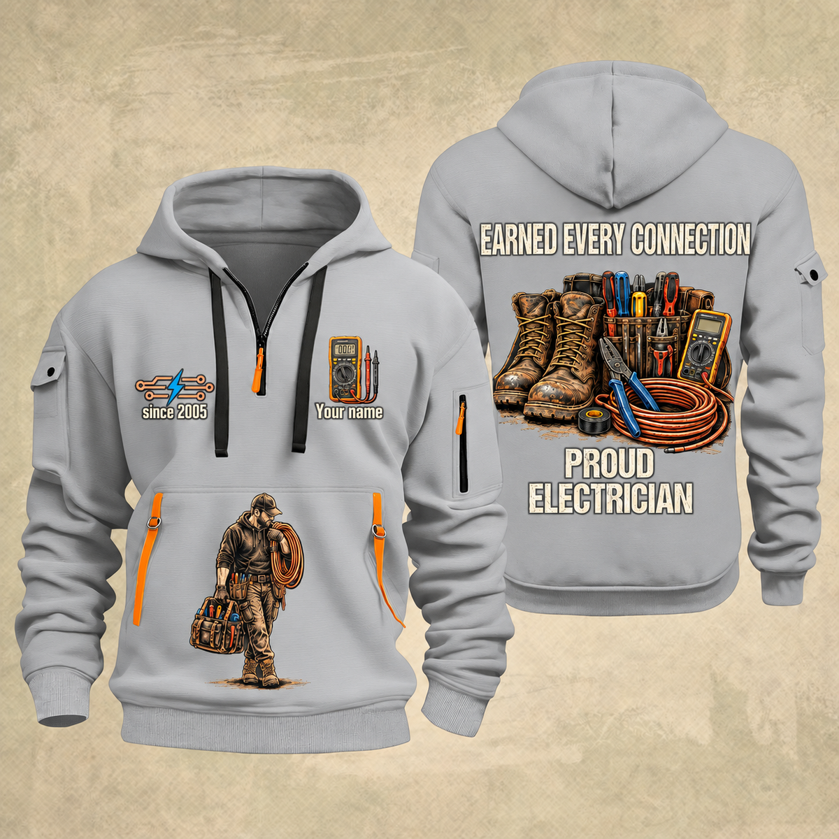 Electrician Earned Every Connection quarter-zip hoodie in Light Grey, front and back, Your name and since 2005 artwork