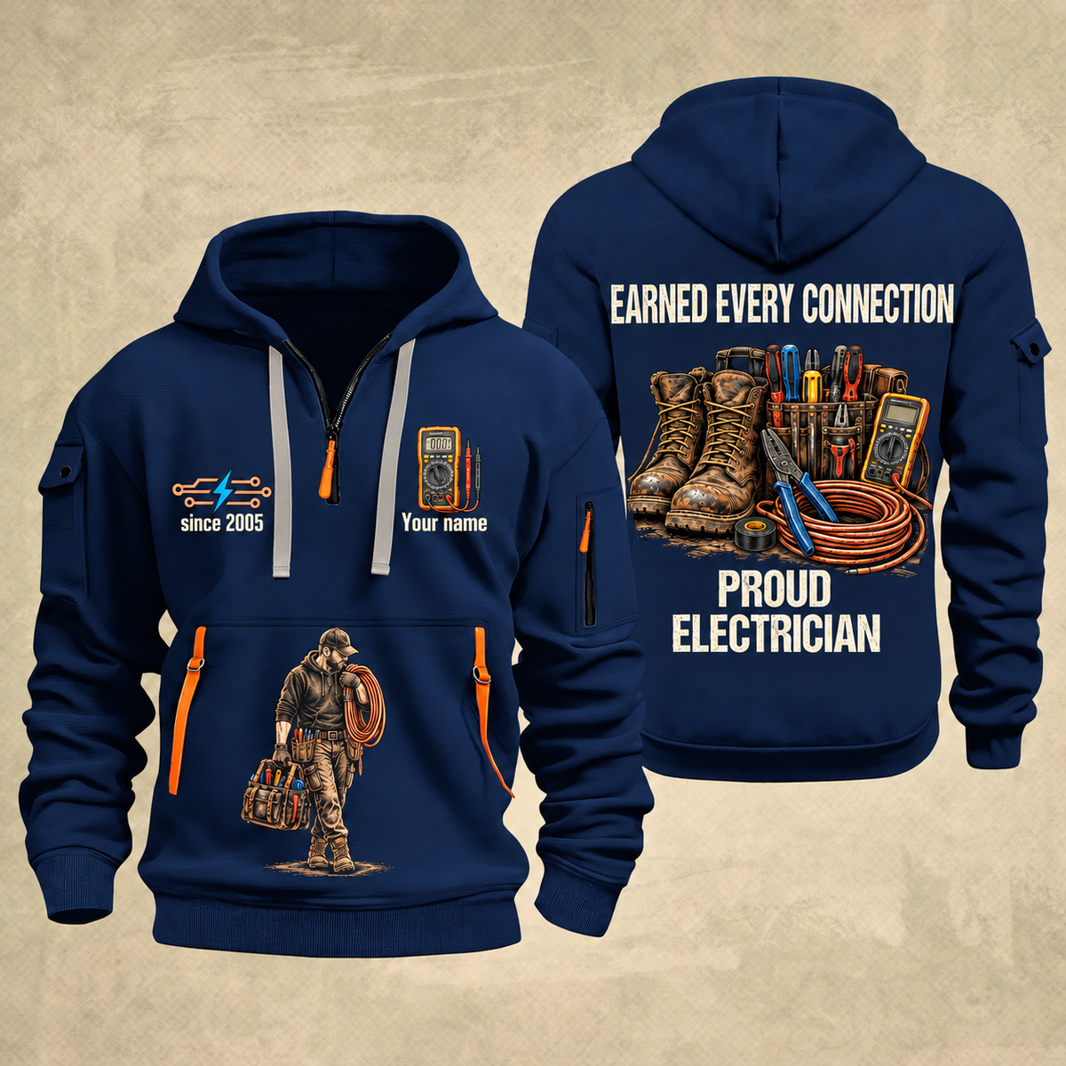 Electrician Earned Every Connection quarter-zip hoodie in Navy, front and back, Your name and since 2005 artwork