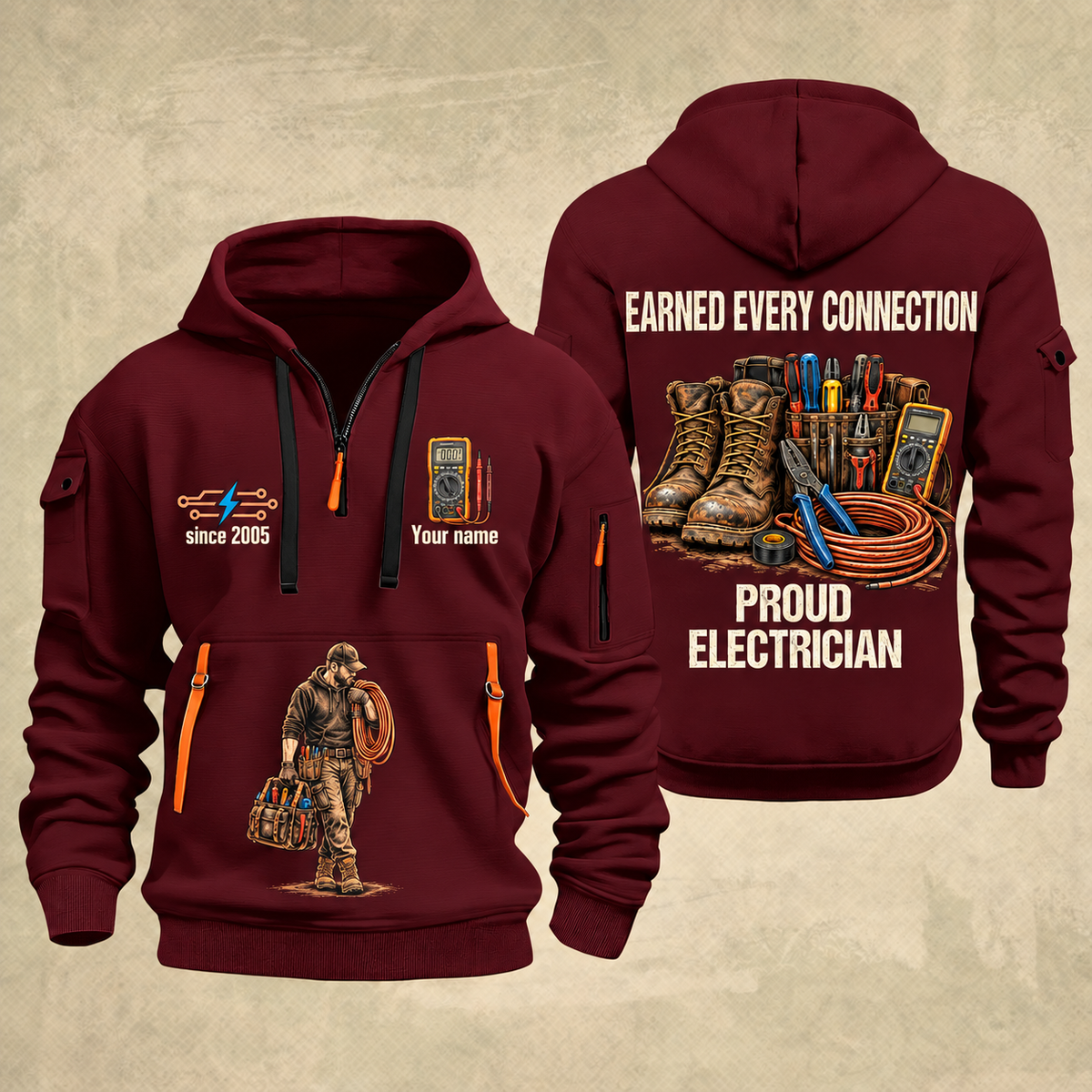 Electrician Earned Every Connection quarter-zip hoodie in Wine Red, front and back, Your name and since 2005 artwork