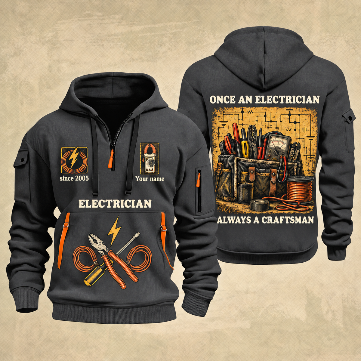 Electrician Trade For Life quarter-zip hoodie in Gray, front and back, Your name and since 2005 artwork