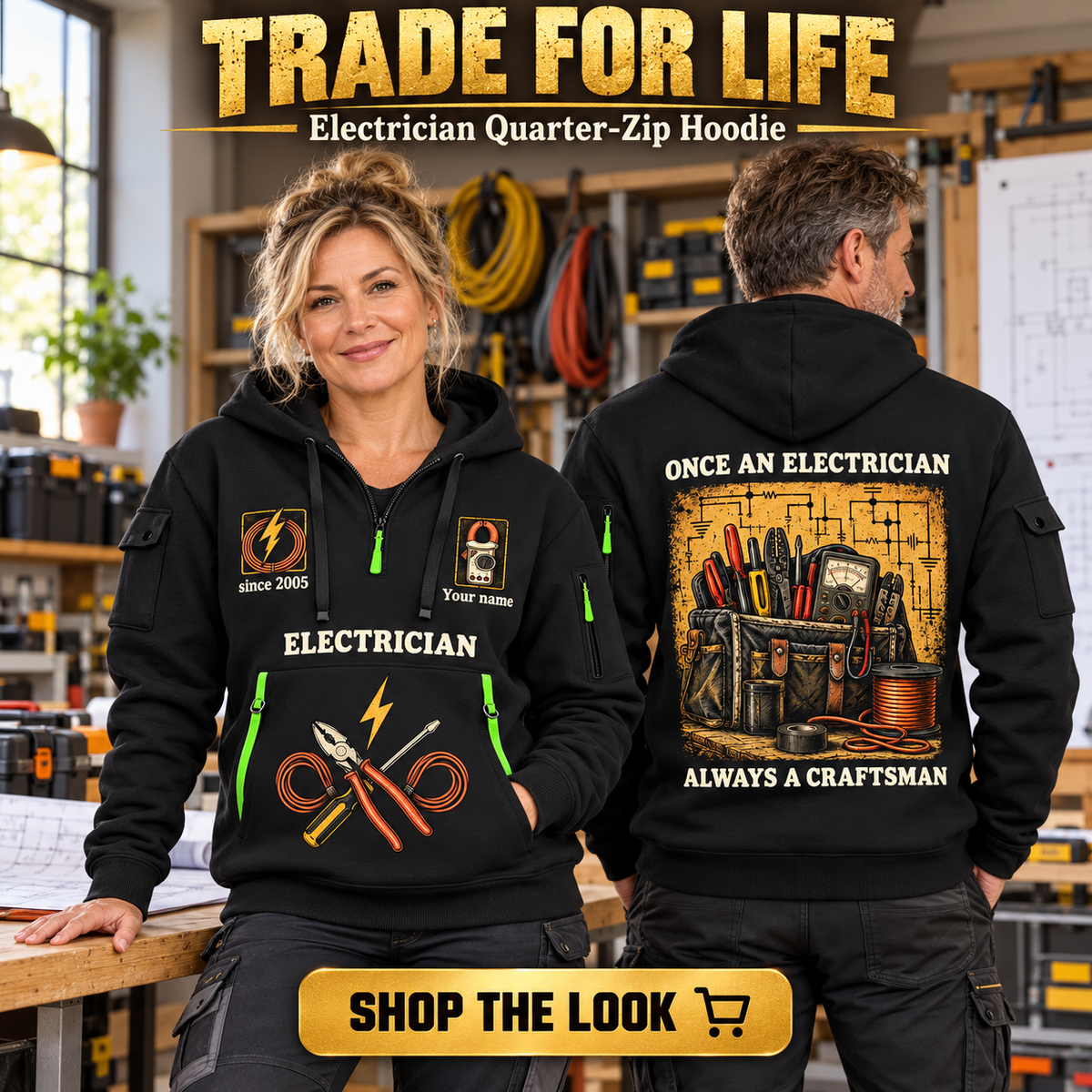 Electrician wearing Trade For Life quarter-zip hoodie in their workplace; product introduction and shopping call to action