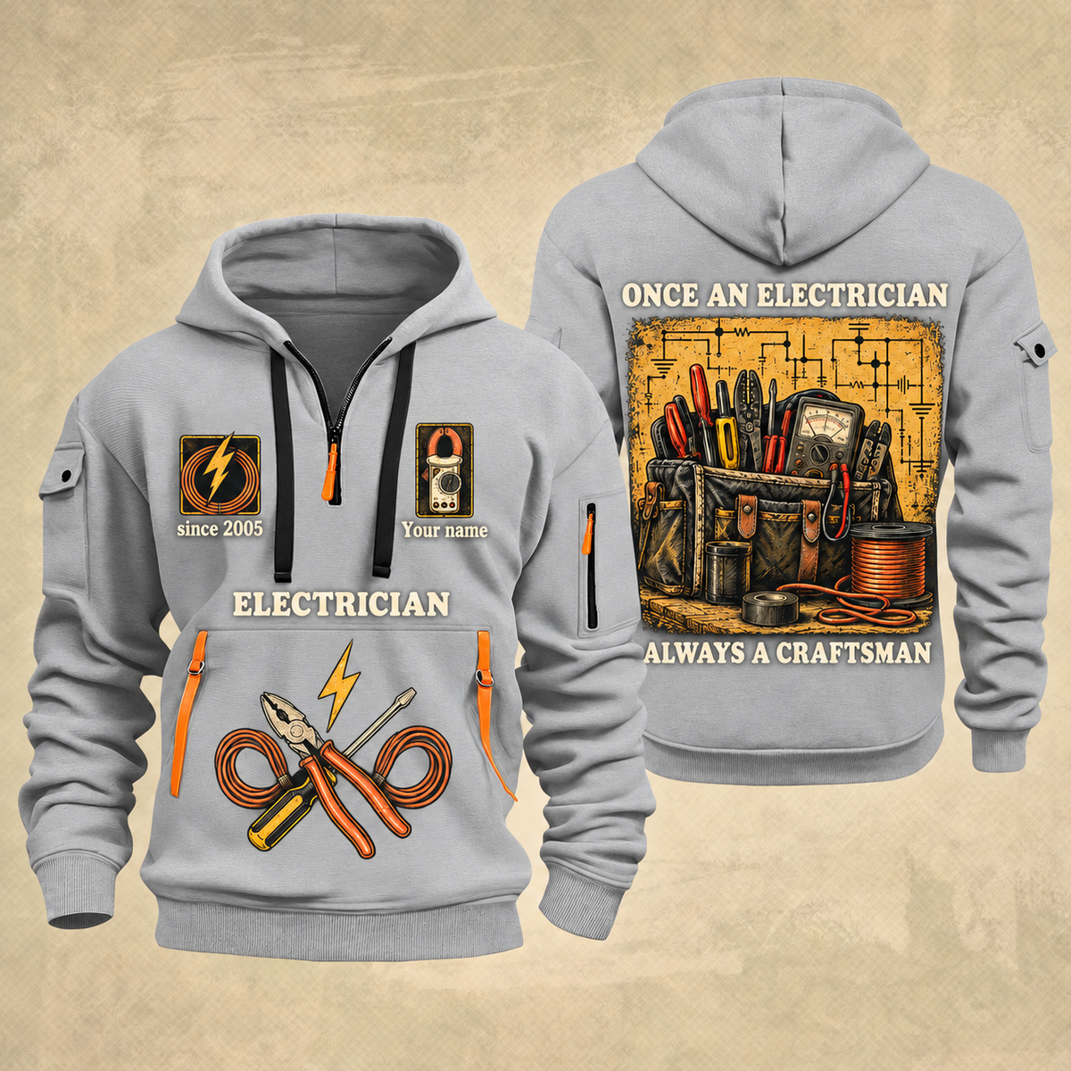 Electrician Trade For Life quarter-zip hoodie in Light Grey, front and back, Your name and since 2005 artwork