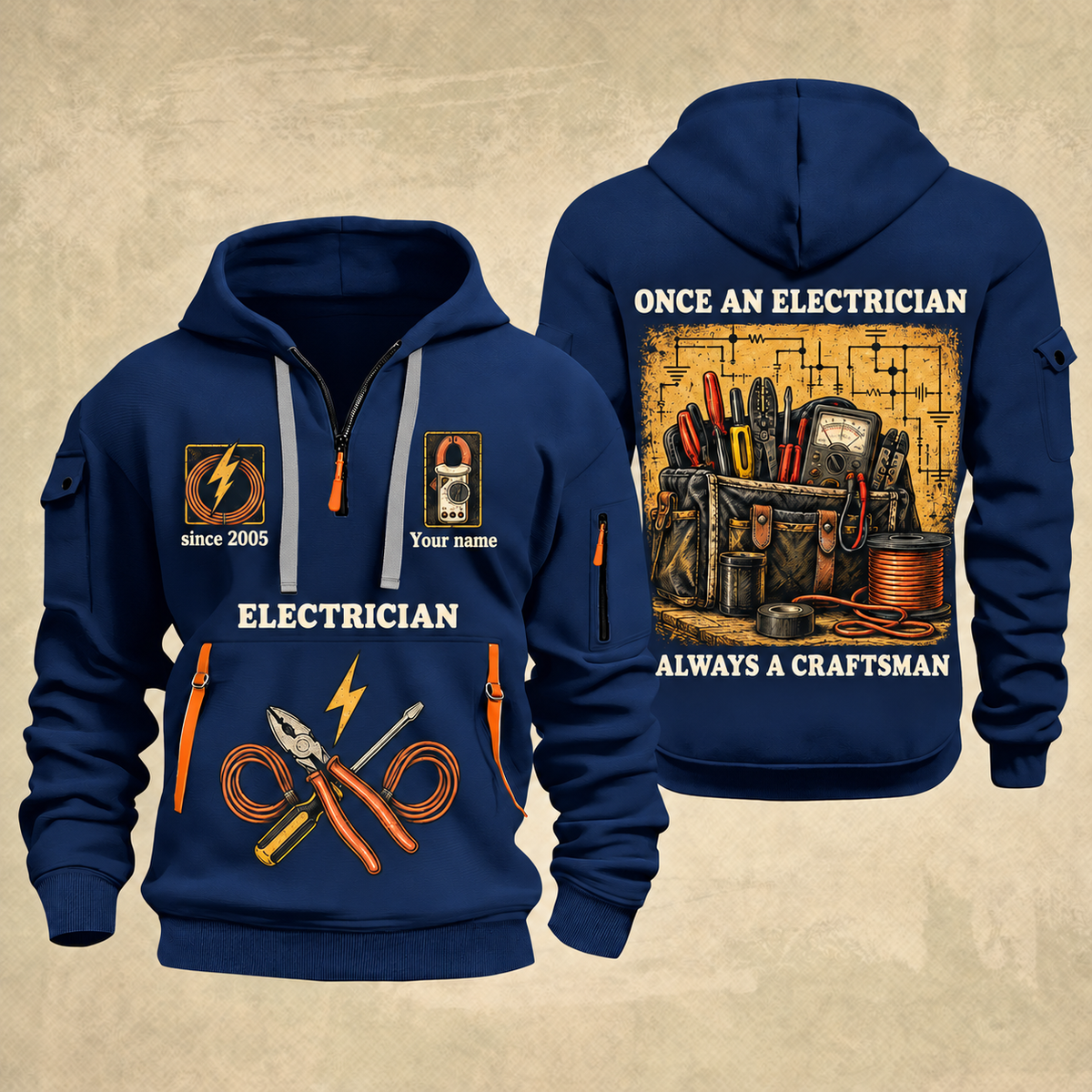 Electrician Trade For Life quarter-zip hoodie in Navy, front and back, Your name and since 2005 artwork