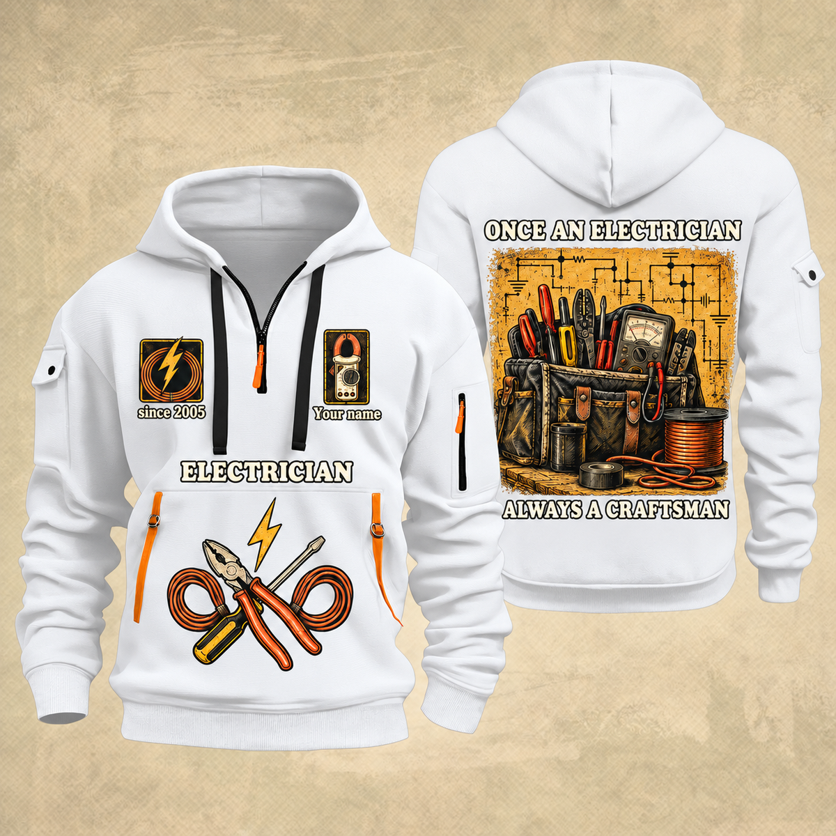 Electrician Trade For Life quarter-zip hoodie in White, front and back, Your name and since 2005 artwork