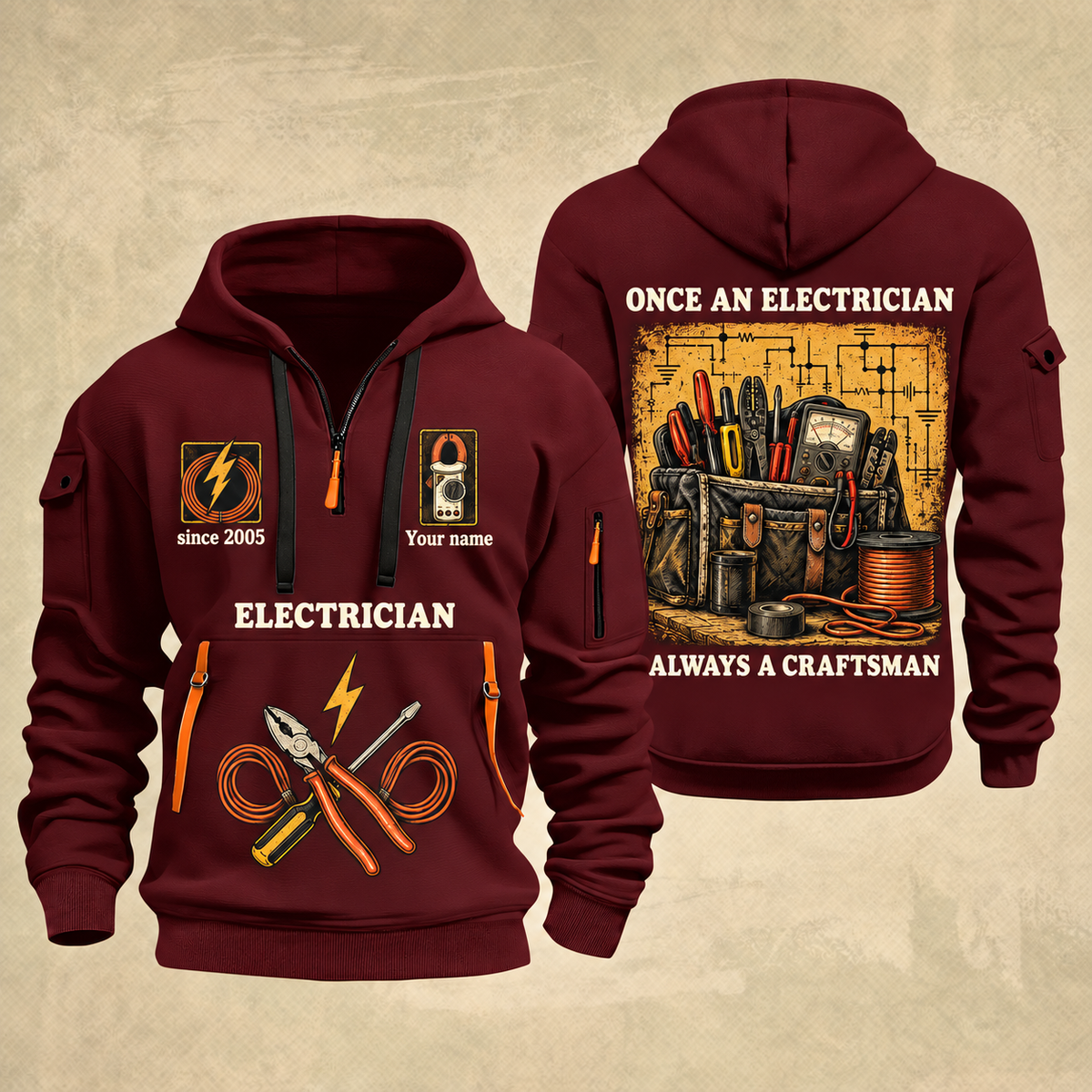 Electrician Trade For Life quarter-zip hoodie in Wine Red, front and back, Your name and since 2005 artwork