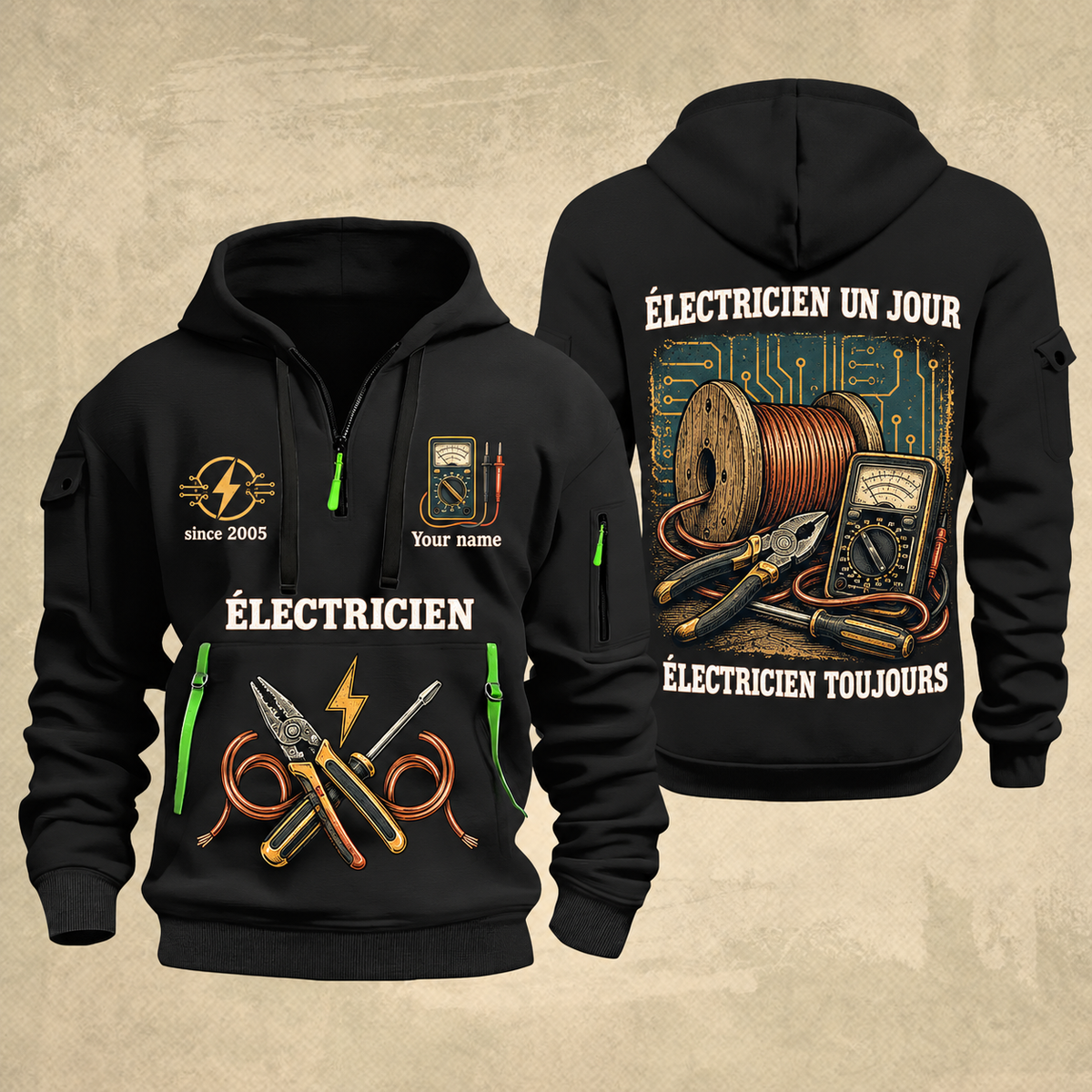 Electrician Fier Du Métier quarter-zip hoodie in Black, front and back, Your name and since 2005 artwork