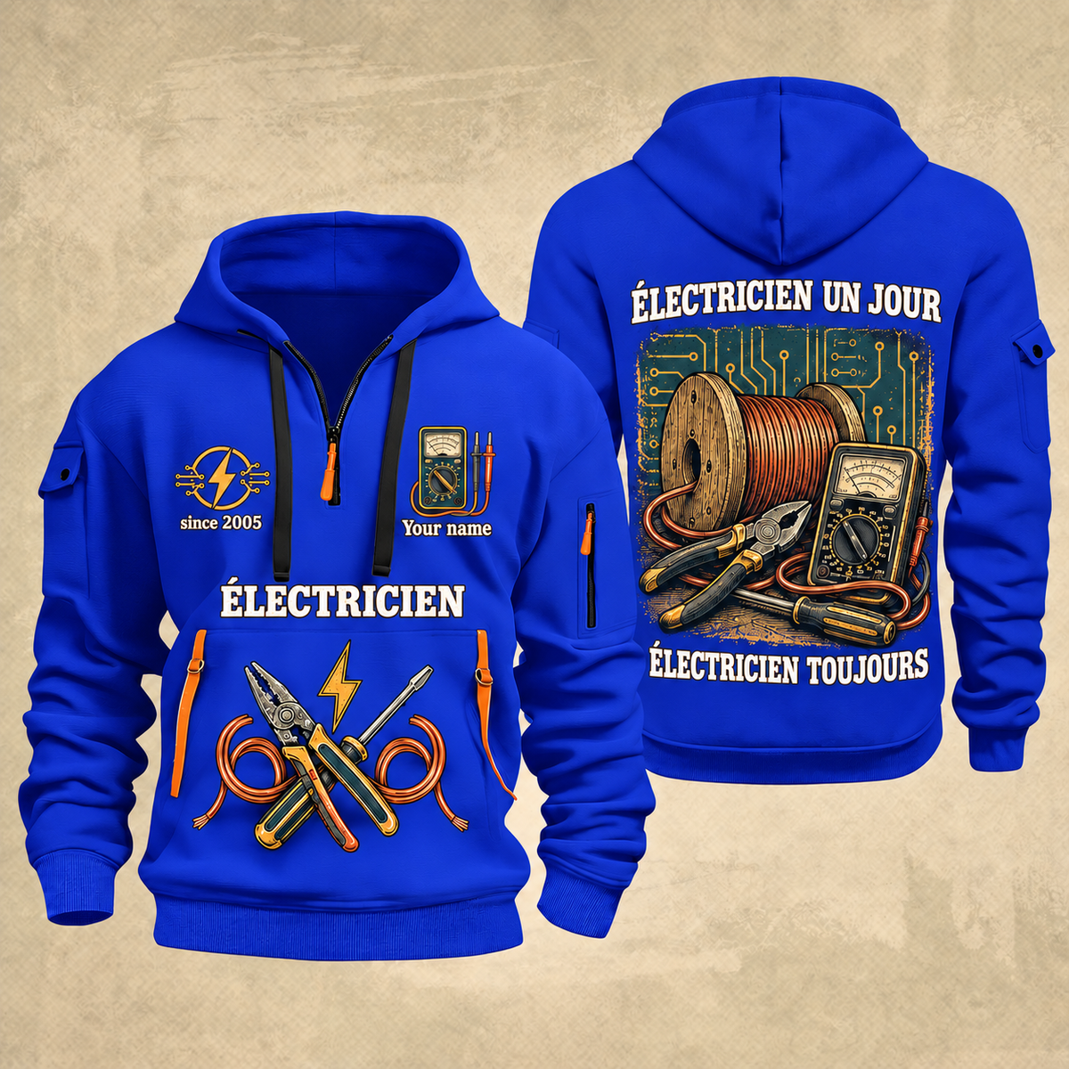 Electrician Fier Du Métier quarter-zip hoodie in Blue, front and back, Your name and since 2005 artwork