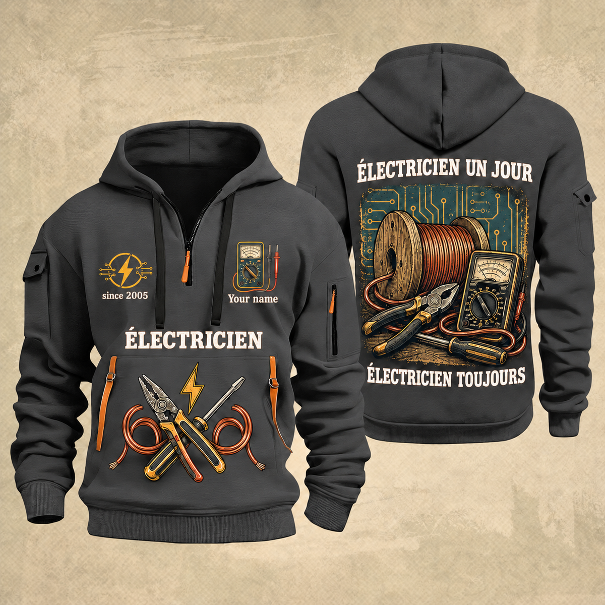 Electrician Fier Du Métier quarter-zip hoodie in Gray, front and back, Your name and since 2005 artwork