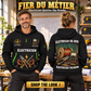 Electrician wearing Fier Du Métier quarter-zip hoodie in their workplace; product introduction and shopping call to action