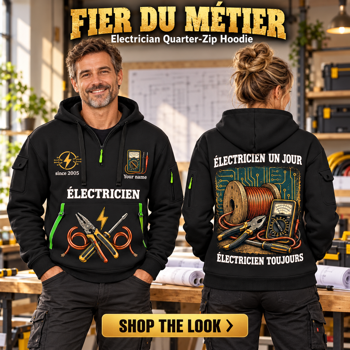 Electrician wearing Fier Du Métier quarter-zip hoodie in their workplace; product introduction and shopping call to action